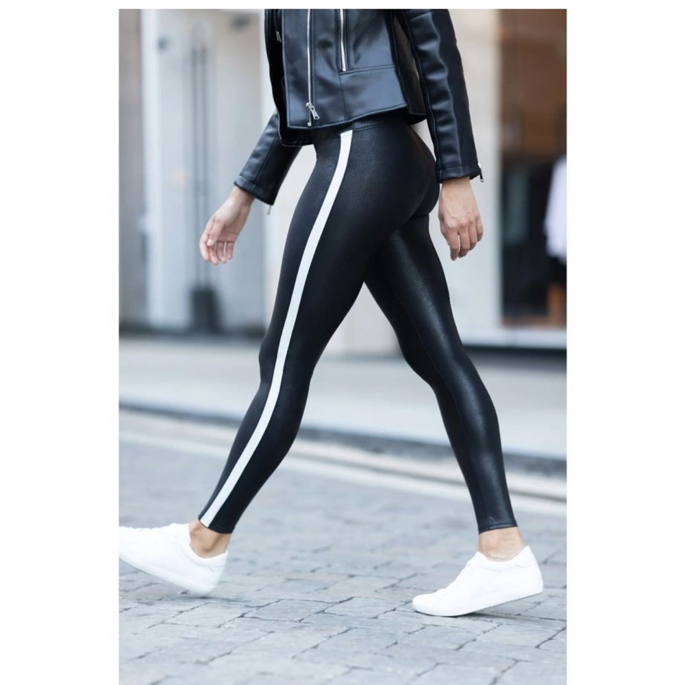 Spanx Faux Leather Leggings with White Stripes